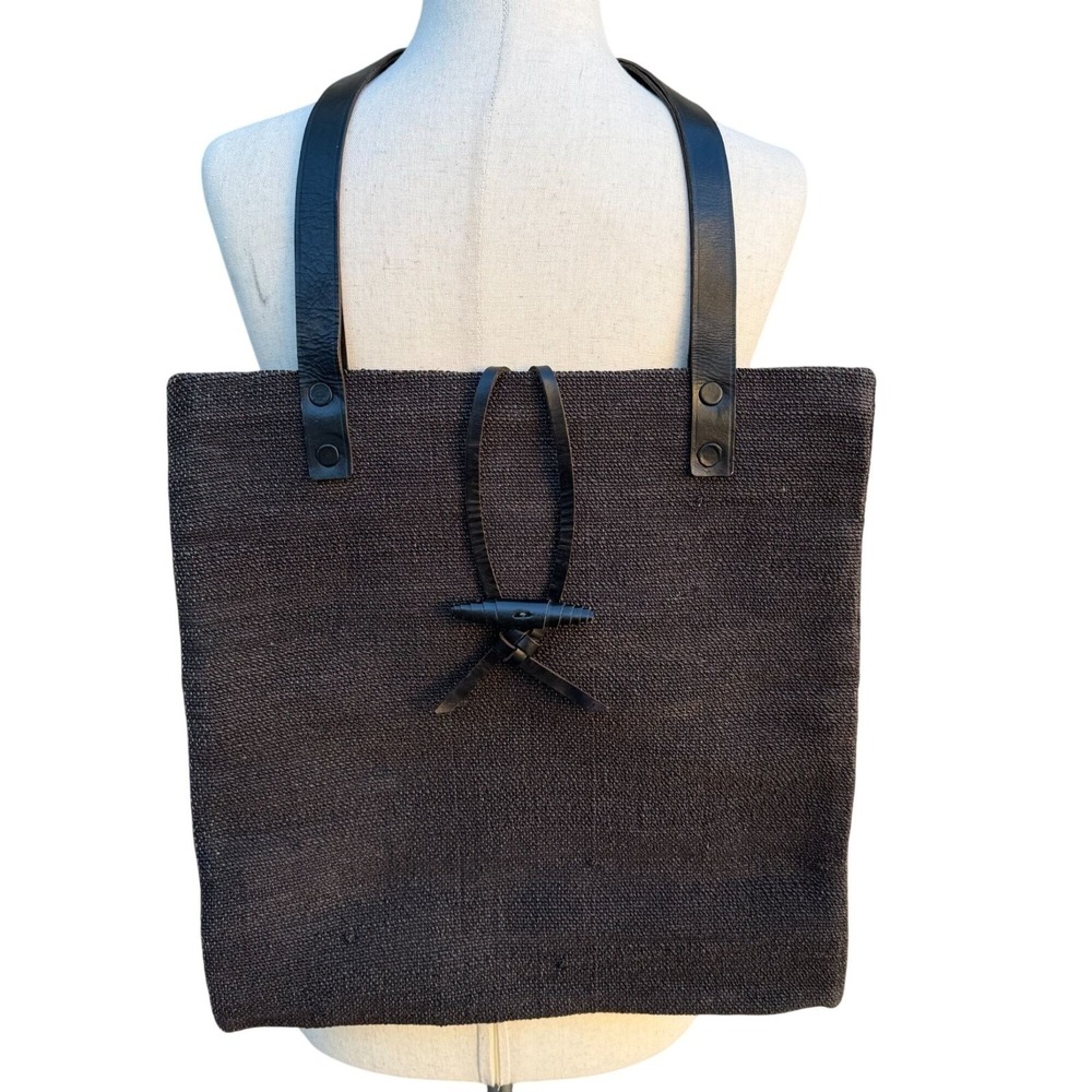 Mien Hawaii Coastal Beachy Resortwear Boho Tropical Leather Strap Woven Tote Bag